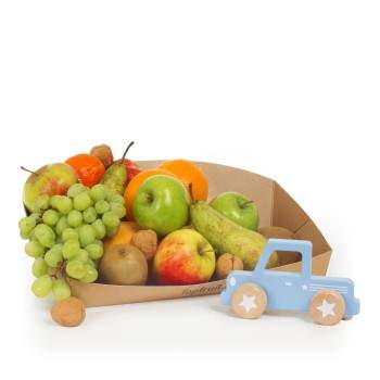 Fruitmand met speelgoed auto