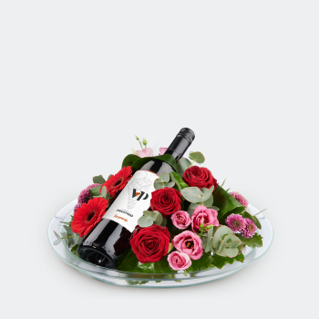 Bloemstuk rood met wijn