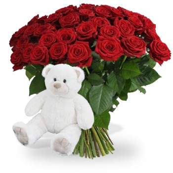 Witte knuffel 45 cm! Met 40 LANGE rode rozen