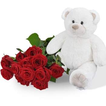 Witte knuffel 45cm! met 10 rode rozen