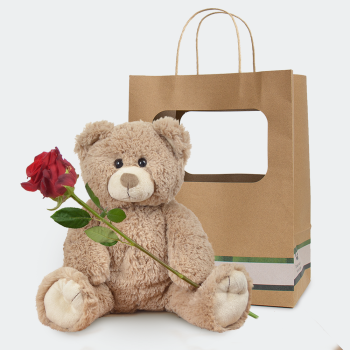 Bruine knuffel met rode roos