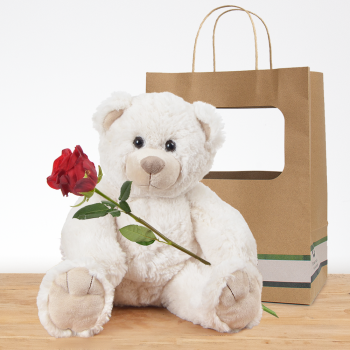 Witte knuffel met rode roos